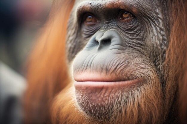 Zbliżenie rozmyślnej twarzy orangutana