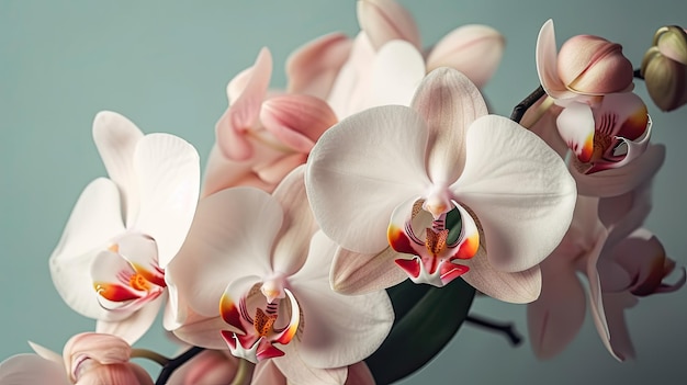 Zbliżenie różowej i białej orchidei z czerwonym środkiem.