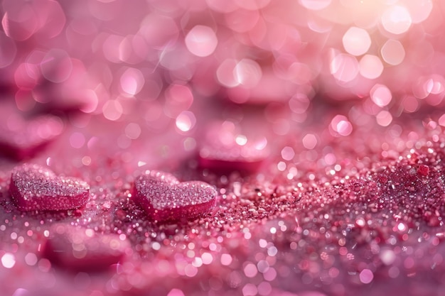 Zbliżenie różowych błyszczących serc na różowym tle