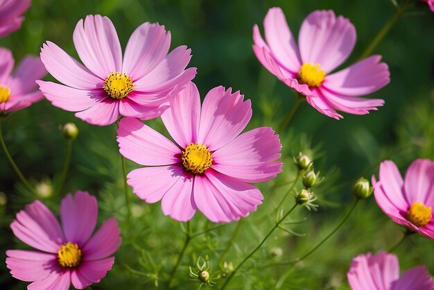 Zbliżenie różowych kwiatów kosmicznych w ogrodzie efekt filtra kolorów naturalne tło