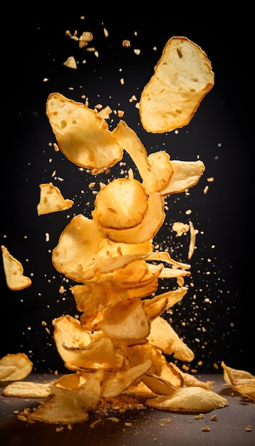 Zbliżenie rozpryskiwanych okruszków dużych chipsów