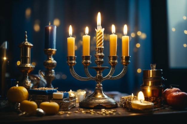 Zdjęcie zbliżenie rozszerzonej żydowskiej rodziny świętującej chanukę przy stole jadalnym skupia się na dojrzałym mężczyźnie