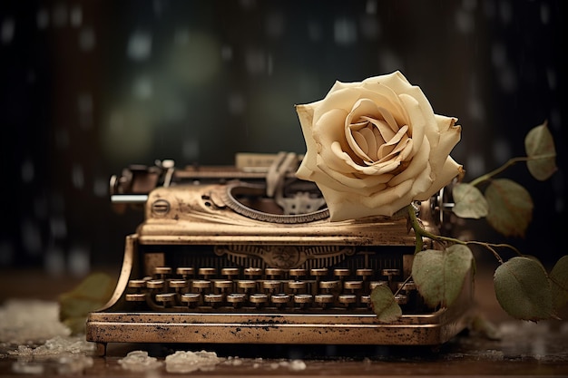 Zbliżenie róży z starą maszyną do pisania w tle