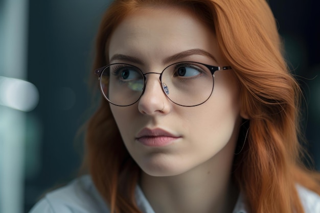 Zbliżenie rudowłosej kobiety w okularach i patrzącej na ekran komputera z poważną miną