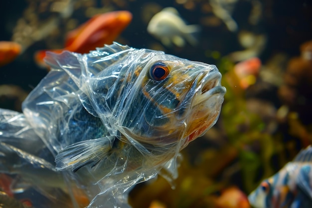 Zbliżenie ryby pokrytej plastikiem