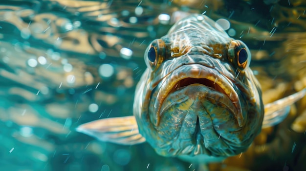 Zdjęcie zbliżenie ryby z szeroko otwartymi ustami nadaje się do projektów o tematyce wodnej