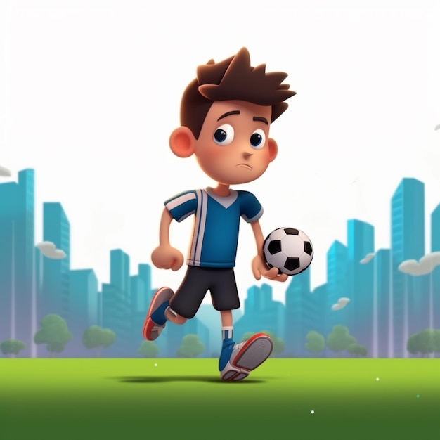 zbliżenie rysunkowego chłopca trzymającego generatywną sztuczną inteligencję piłki nożnej