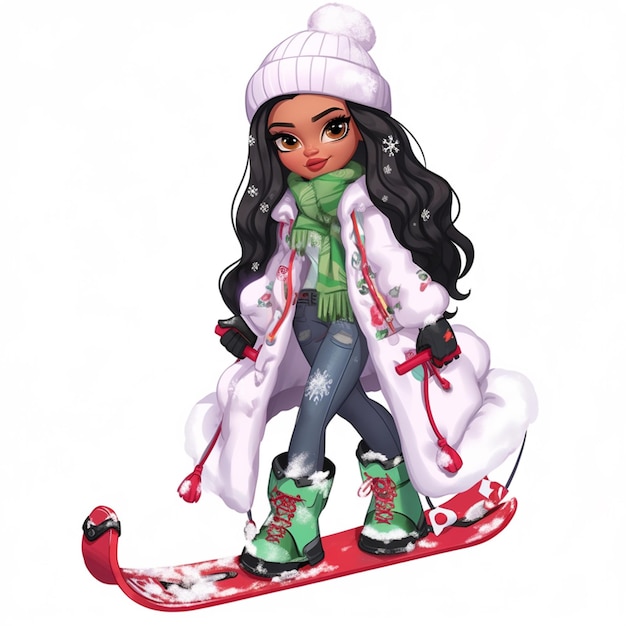 Zbliżenie rysunkowej dziewczyny na generatywnym ai snowboardzie
