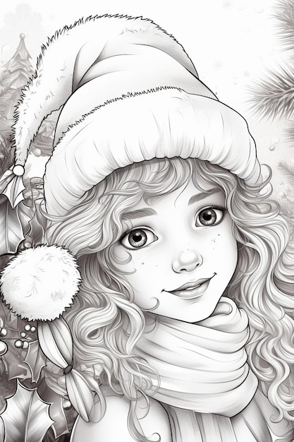 zbliżenie rysunku dziewczyny noszącej kapelusz Świętego Mikołaja generatywny ai