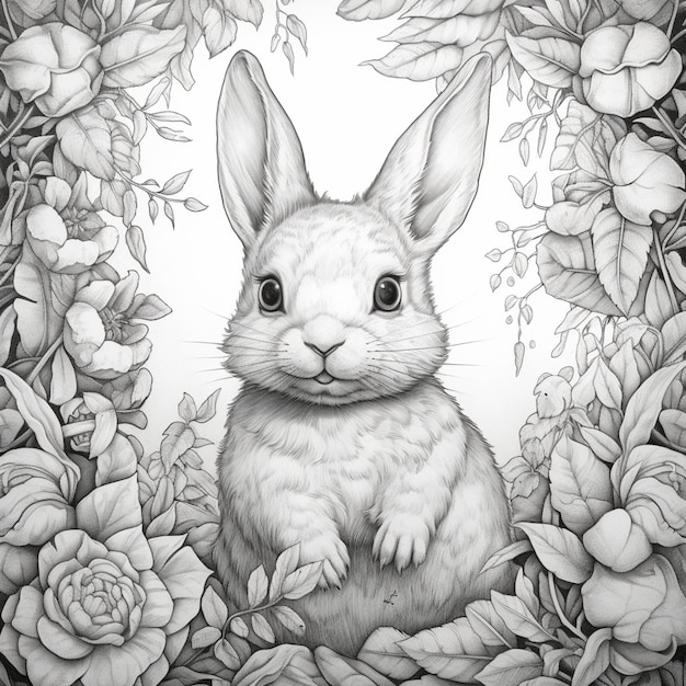 Zbliżenie rysunku królika w generatywnej ai ramki kwiatowej