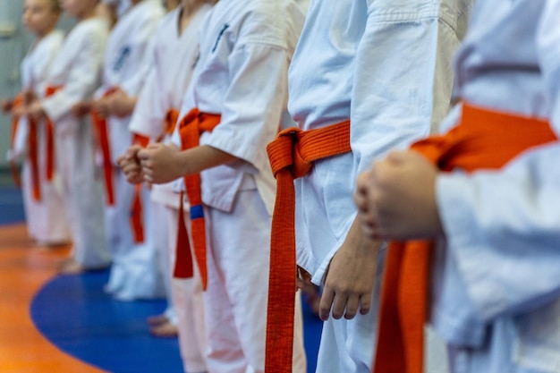 Zbliżenie rzędu młodych sportowców w białych kimono karate z zaciśniętymi pięściami