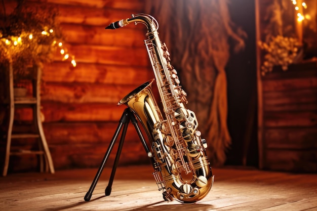Zbliżenie saksofonu mosiężnego leżącego na drewnianej scenie