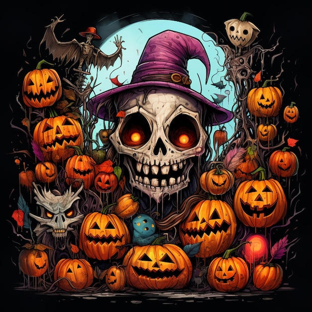 Zbliżenie sceny z Halloween z czaszką noszącą kapelusz czarownicy generatywny ai
