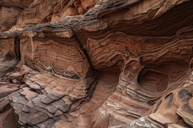 Zbliżenie ściany kanionu ze skomplikowanymi wzorami geologicznymi i teksturami utworzonymi za pomocą generatywnej sztucznej inteligencji