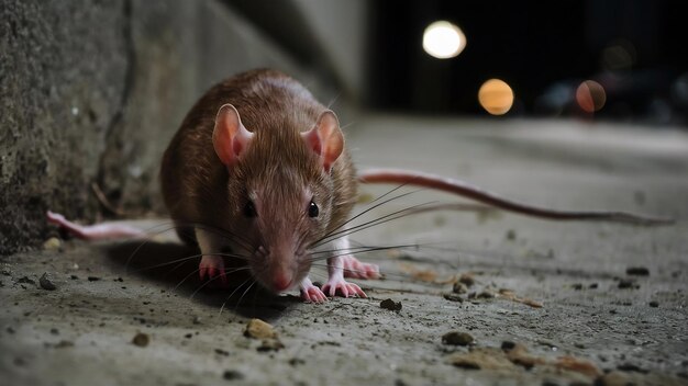 Zbliżenie selektywnego ostrości szczura brązowego na betonowej ziemi