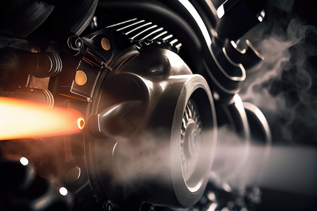 Zbliżenie silnika samochodu z dymem wydobywającym się z rury wydechowej utworzonej za pomocą generatywnej sztucznej inteligencji