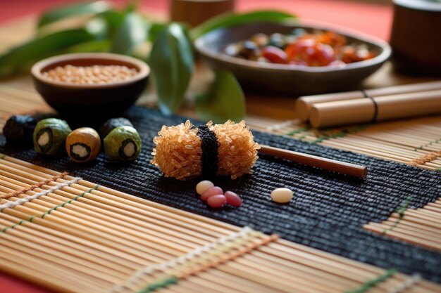 Zbliżenie składników rolki sushi na matce bambusowej