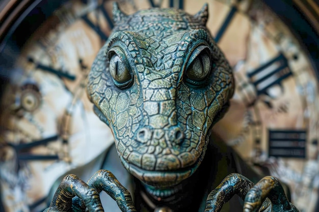 Zbliżenie skomplikowanej tekstury Reptilian Alien Costume Head z vintage zegarem na tle