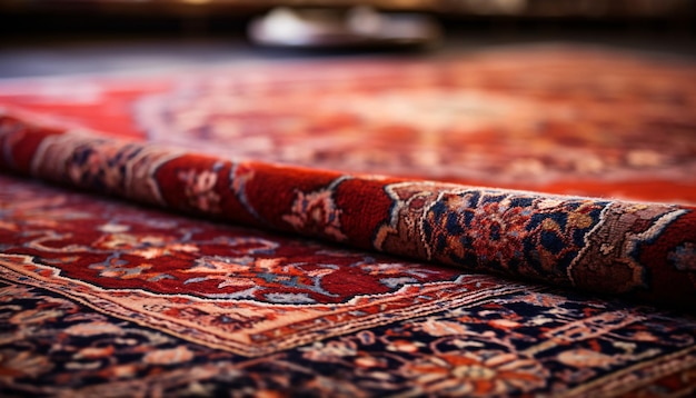 Zbliżenie skręconego czerwonego perskiego dywanu na podłodze
