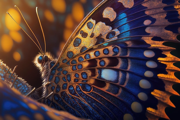 Zbliżenie skrzydeł motyli z zawiłymi wzorami i kolorami świecącymi w świetle słonecznym