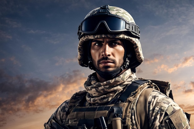 Zbliżenie skupionego arabskiego żołnierza w stroju kamuflażowym z hełmem na ciemnym niebie pewny siebie Confi