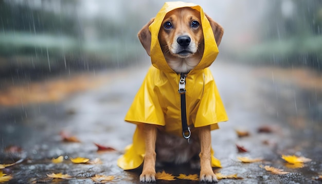 Zbliżenie słodkiego psa z żółtym płaszczem deszczowym tłem pogody