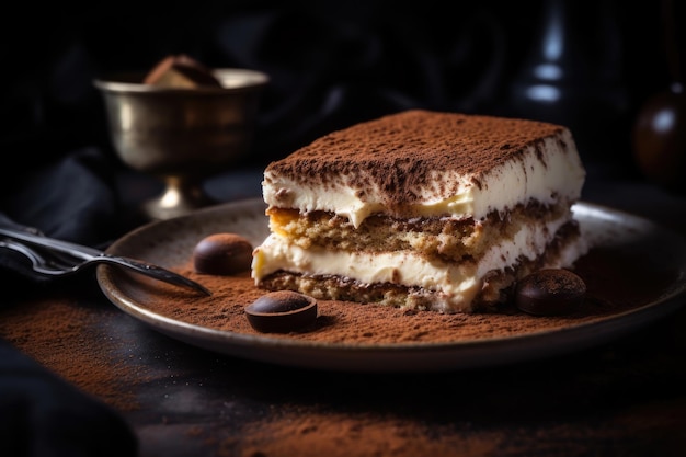 Zbliżenie smacznej fotografii kulinarnej włoskiego tiramisu AI Generative