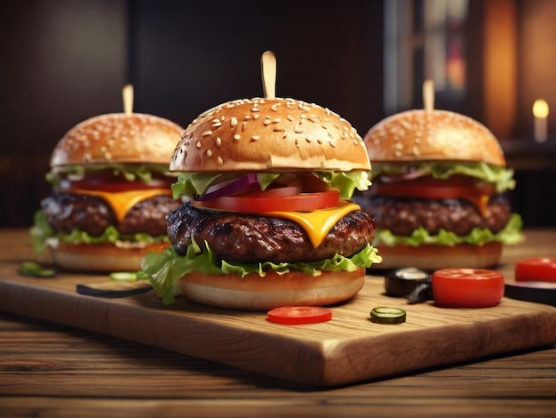 Zbliżenie Smacznych Domowych Hamburgerów Na Drewnianym Stole