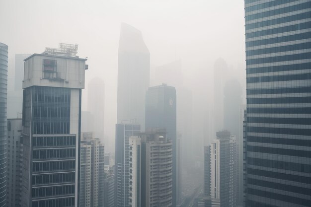 Zbliżenie smogowej panoramy miasta z wysokimi budynkami zanikającymi we mgle