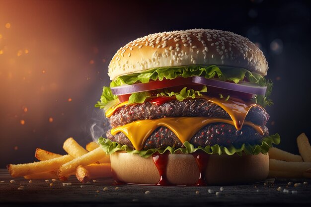 Zbliżenie soczystego burgera z frytkami wygląda bardzo smacznie Duży hamburger kanapkowy z soczystą wołowiną burger serowy pomidor i czerwona cebula