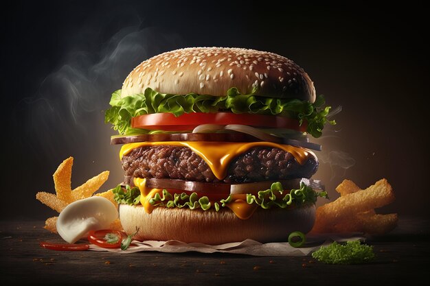 Zbliżenie soczystego burgera z frytkami wygląda bardzo smacznie Duży hamburger kanapkowy z soczystą wołowiną burger serowy pomidor i czerwona cebula