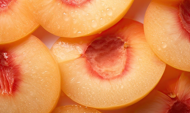 Zbliżenie soczystego kawałka brzoskwini prezentującego jej żywy kolor i teksturę Świeże owoce błyszczą idealne dla zdrowych kulinarnych i letnich tematów stworzonych za pomocą narzędzi sztucznej inteligencji generatywnej