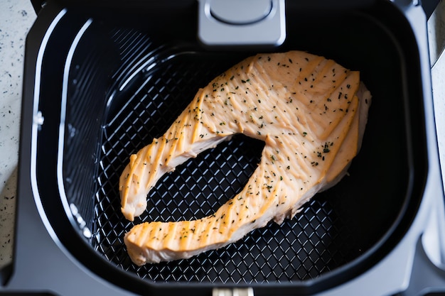Zbliżenie soczystego kurczaka przygotowanego we frytkownicy, przedstawiające zdrową i ekonomiczną opcję Wygenerowane przez AI