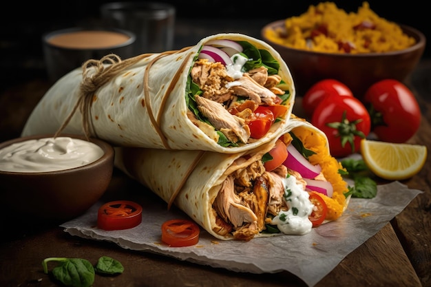 Zbliżenie soczystego kurczaka shawarma wrap z pokrojonym mięsem i warzywami utworzone za pomocą generatywnej ai