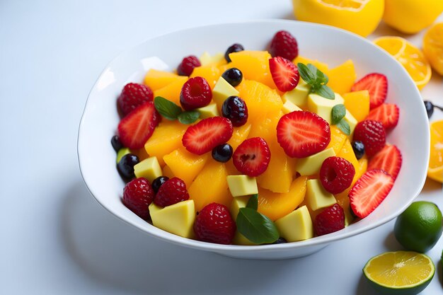 Zbliżenie soczystej świeżej sałatki owocowej idealnej dla zdrowej i zbilansowanej diety Wygenerowane przez AI