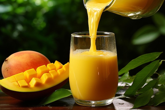 Zbliżenie soku z mango wlewanego do blendera