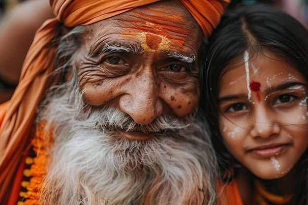 Zbliżenie starego indyjskiego mnicha z młodą parą