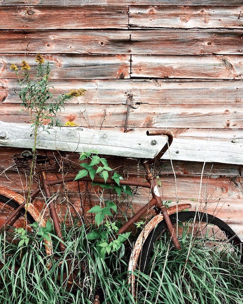 Zdjęcie zbliżenie starego roweru przy drewnianej ścianie