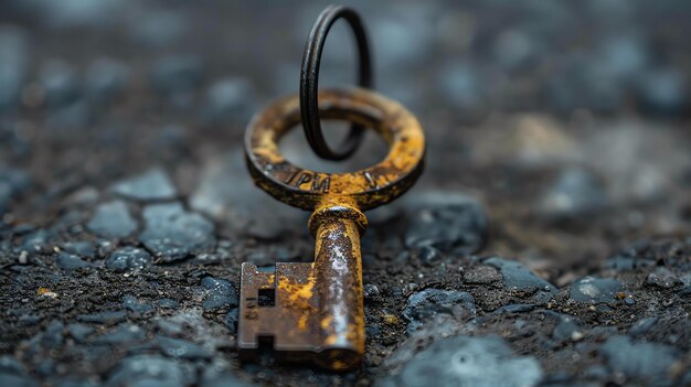 Zdjęcie zbliżenie starego zardzewiałego klucza leżącego na ziemi klucz jest wykonany z metalu i ma okrągłą głowicę z dziurą w nim
