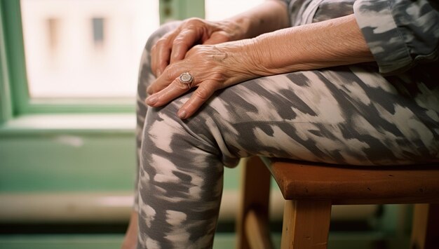 Zdjęcie zbliżenie starej kobiety siedzącej na krześle i trzymającej ją za rękę