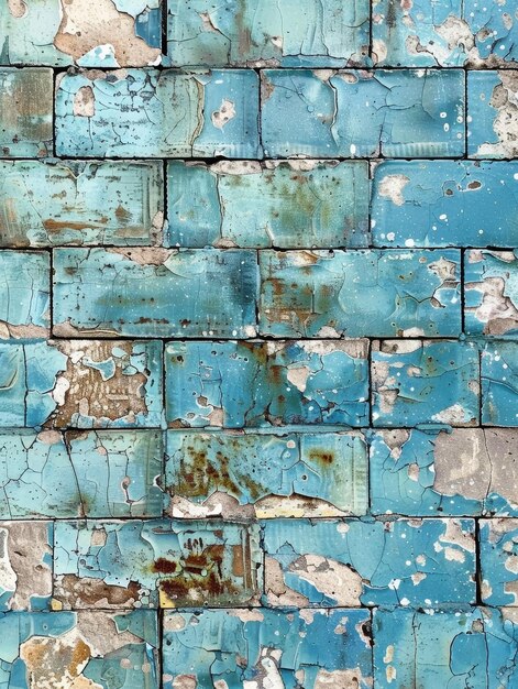 Zbliżenie starożytnych cegieł pokazuje szczegółową teksturę niebieskiej farby powoli ulegającą czasom nieustannym uściskom z pęknięciami i mchami wskazującymi na odzyskanie natury
