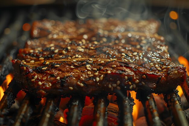 Zdjęcie zbliżenie steku na grillu