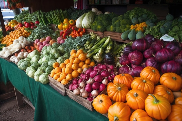 Zbliżenie stoiska ze świeżymi warzywami z dojrzałymi i kolorowymi produktami stworzonymi za pomocą generatywnej ai
