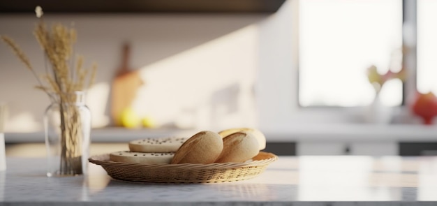 Zbliżenie stołu kuchennego z płytką z domowej roboty chleba na tle wnętrza Mockup banera nagłówka z generowaną sztuczną inteligencją przestrzeni kopiowania