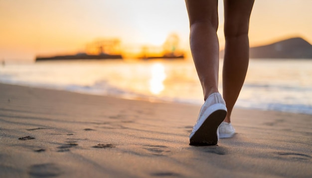 Zbliżenie stóp kobiety na piaszczystej plaży o zachodzie słońca, wywołujące relaks podróżniczy i letnie wibracje