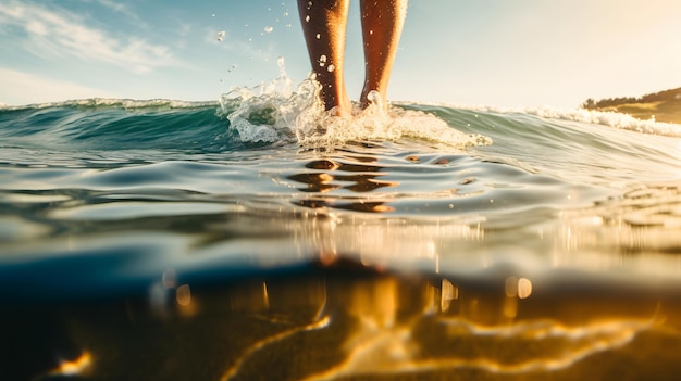 Zdjęcie zbliżenie stóp surfera stojących na desce surfingowej generative ai