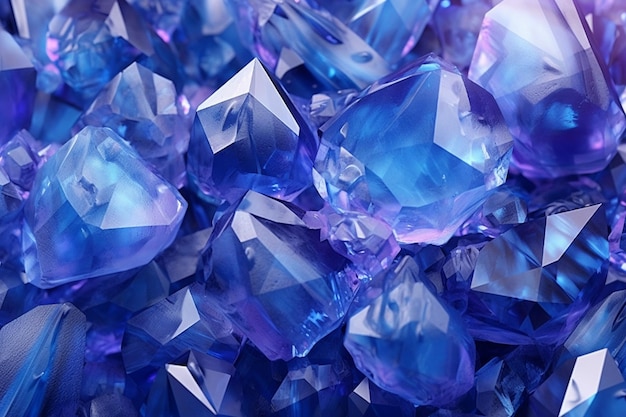 Zbliżenie stosu niebieskich kryształów z fioletowym tłem generatywny ai