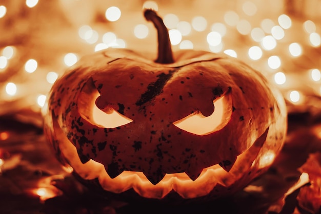 Zbliżenie strzał jackolantern z przerażającą twarzą i światłami na tle koncepcji Halloween