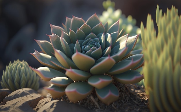Zbliżenie sukulentów. kaktusowa roślina z kwiatem. wygenerowane AI