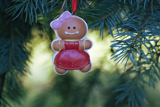 Zbliżenie świątecznej dekoracji wiszącej na drzewie